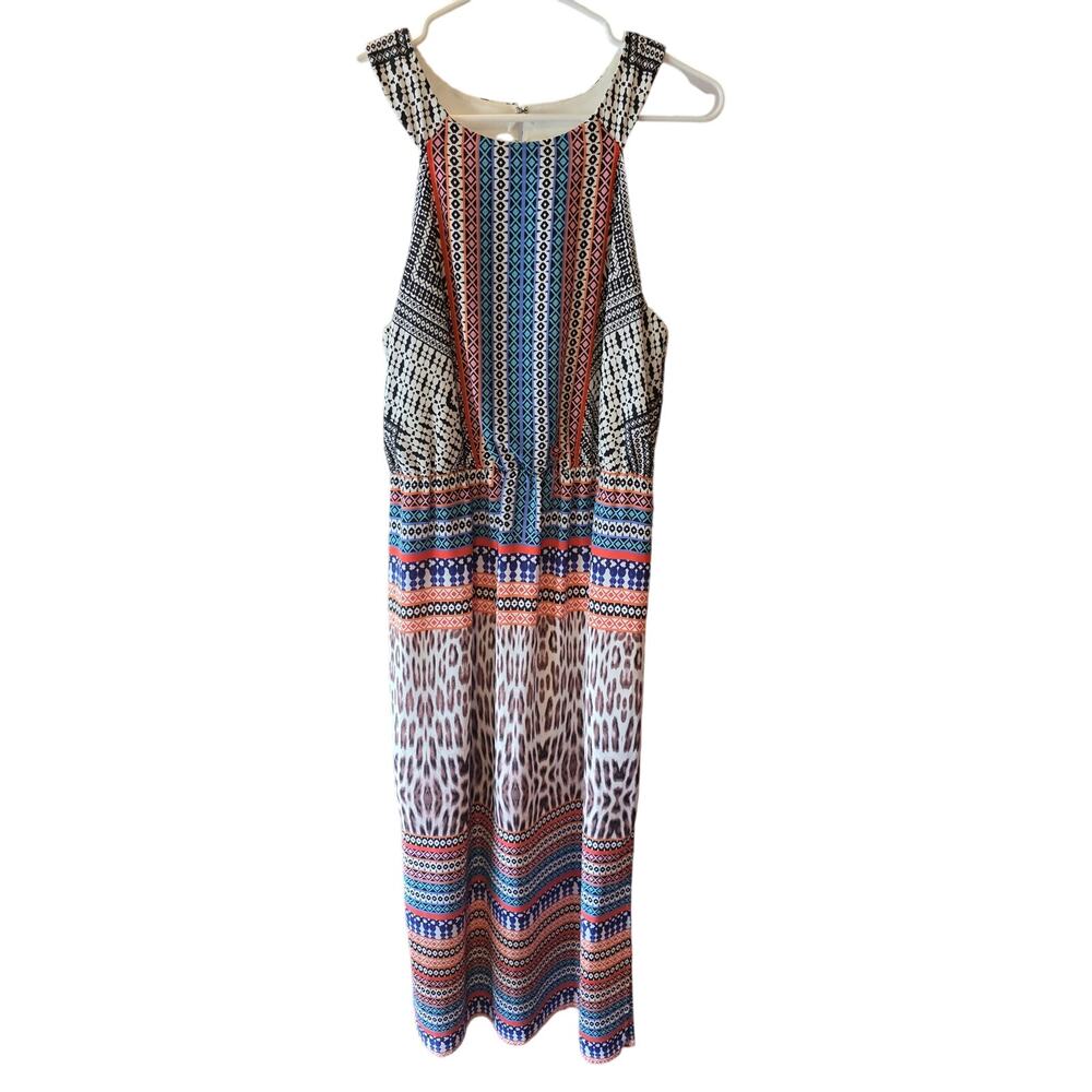 Sangria Maxi Dress 8 Womens Sleeveless Key Hole Back Multicolor Geometric